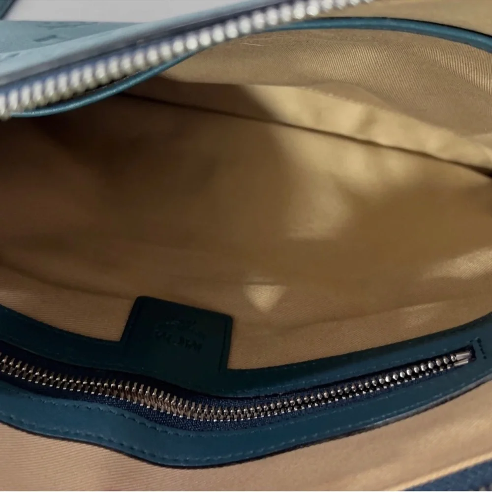MCM Teal Embossed Leather Messenger Bag - Picture 5 of 6